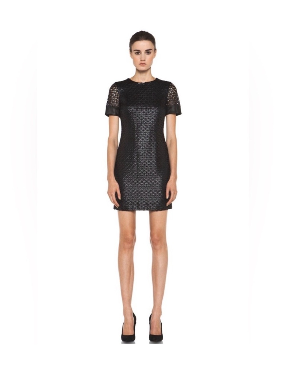 NWOT Diane Von Furstenberg Cindy Black Textured Mini Dress with Lace Sleeves